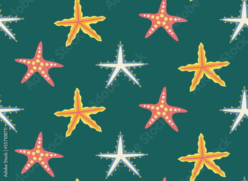 Seamless patterns with different starfish. Beautiful underwater world texture in flat style.