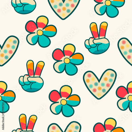 Seamless pattern in hippie style with V sign on beige background with flowers in rainbow colors