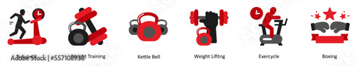 Six business icons in red and black as treadmill, weight training, kettle bell