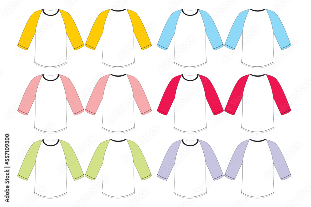 Raglan T-shirt mockup template vector. Young man raglan t-shirt mockup, front view illustration, isolated on white background