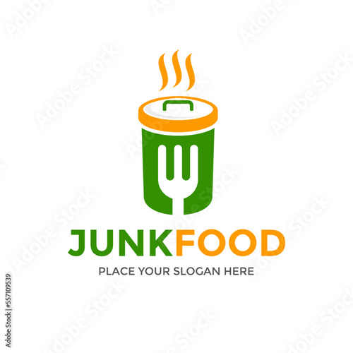 Junk food vector logo template. Design with trash and fork symbol.