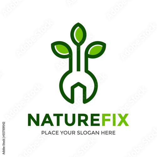 Nature fix vector logo template. This design use wrench and tree symbol. Suitable for repair earth or environment