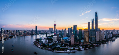 Aerial view of city skyline and modern buildings in Shanghai at sunrise  China.