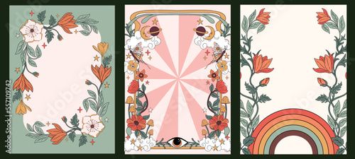 Retro 70s groovy Art Nouveau style flower background template set of 3 in warm pastel colors. Boho hippie style floral botanical border design for Invitations, greeting card, frame and decor.