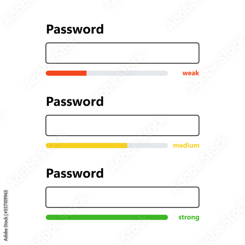 Password weak, medium and strong interface. Password form template for website. Digital security bar. Safety requirement. App design layout interface. Vector illustration isolated on white background.