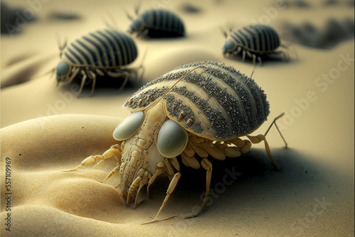 Sand fleas, beach fleas, sand hippers or beach hoppers. Small crustaceans that live on the beaches. Generative AI. photo