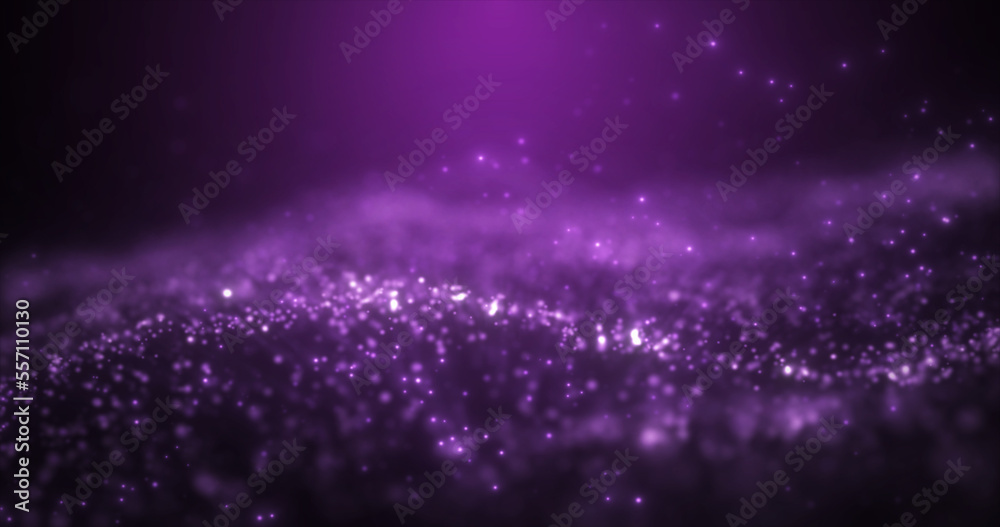 Fototapeta premium Abstract purple glowing energy waves from particles and magic dots with blur effect on dark background. Abstract background