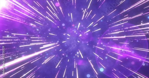 Abstract purple flying stars bright glowing in space with particles and magical energy lines in a tunnel in open space with sun rays. Abstract background