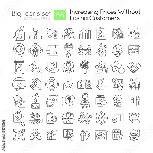 Increasing prices without losing customers linear icons set. Business strategy. Customizable thin line symbols. Isolated vector outline illustrations. Editable stroke. Quicksand-Light font used