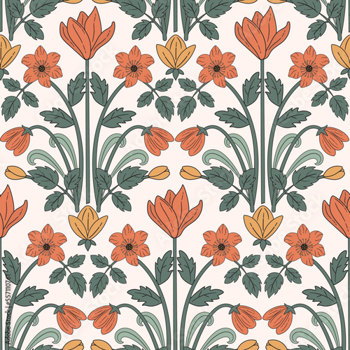Retro pattern with florals and leaves in art nouveau style. 70s aesthetic background print perfect for textiles, wallpaper, wrapping paper etc. 