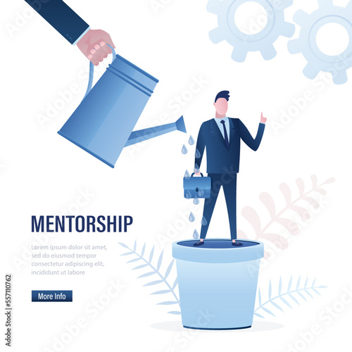 Businessman hand uses watering can and pouring water on male clerk or office worker standing in pot. Concept of mentorship, professional training. Coaching for beginner entrepreneur.