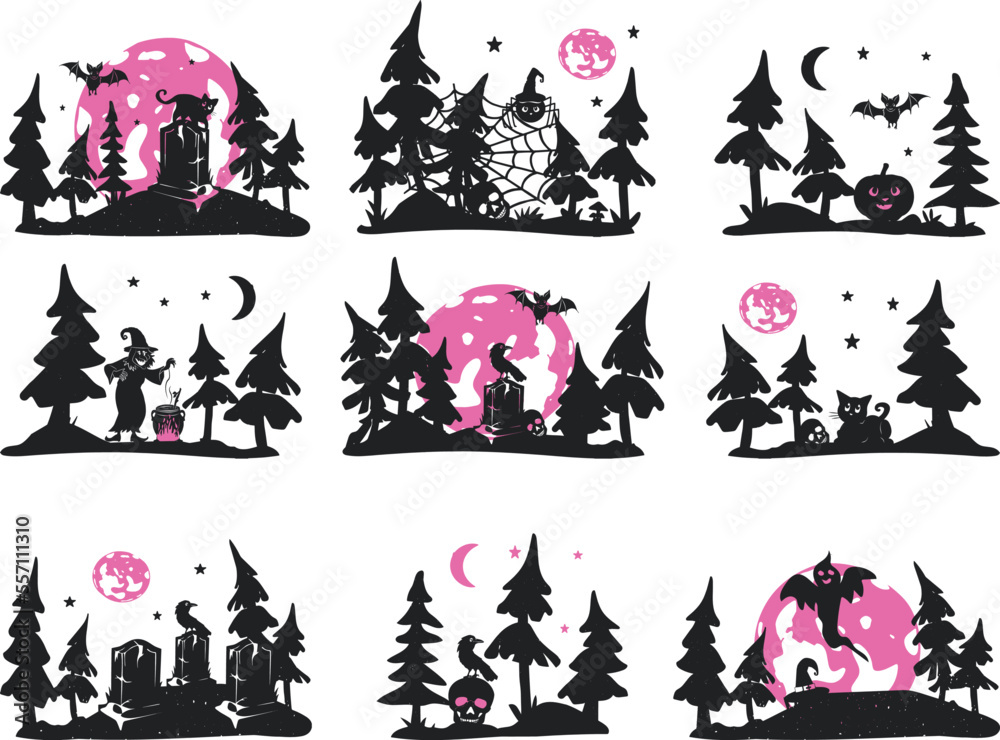 halloween vector silhouette set. cartoon forest, halloween set vector halloween vector silhouette set. cartoon forest, halloween set vector