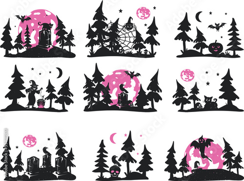  halloween vector silhouette  set. cartoon forest, halloween set vector