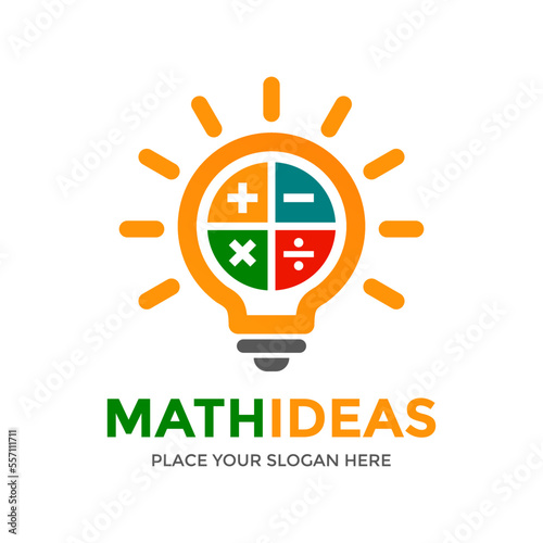 Math ideas vector logo template. This design use lamp and math symbol. Suitable for learm, education, business or quiz.