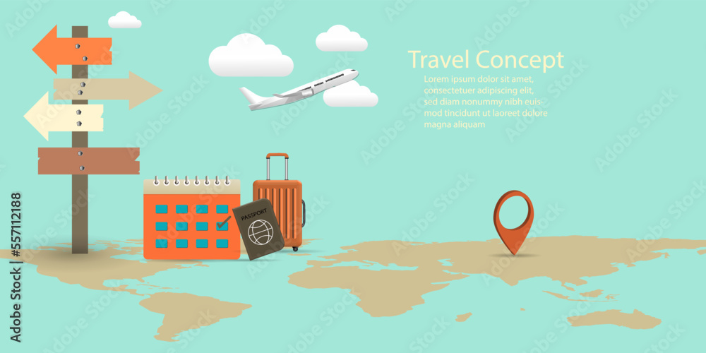 Calendar  with  white airplane  taking off in the air with  luggage  passport location pin on world map ,Business travel vacation booking  holiday summer Concept