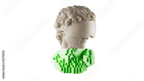 3D Multicolored Rotating David Head In VR Glasses. Michelangelo's David Sculpture. Glitch Effect. NFT Cryptoart Concept.  4K