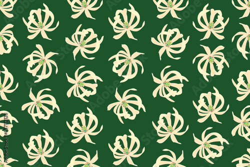 Illustration of chempaka flower blooming on dark green background.