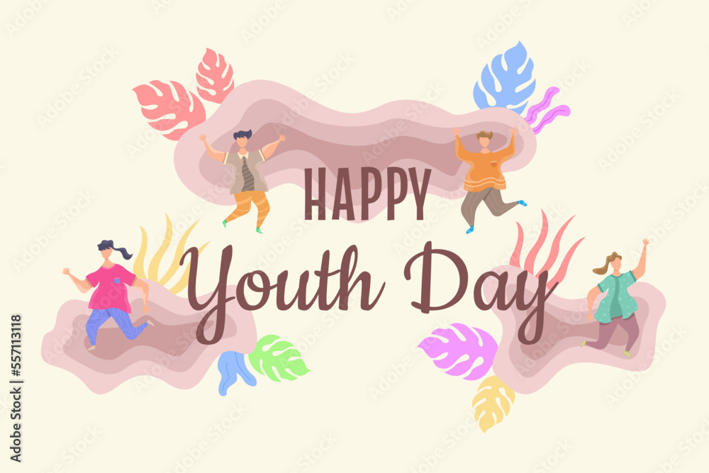 Fototapeta premium International youth day flat illustration, Happy youth day with people jumping, a friendly team, cooperation, and friendship