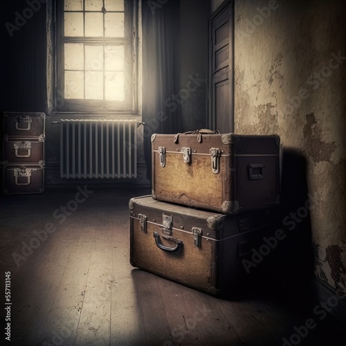 Old suitcases and trunks in an old room.