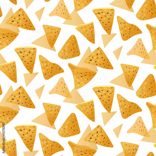 A pattern of falling Mexican nachos food on a white background with a shadow. Bright kitchen illustration. Suitable for printing on banners and flyers, restaurant menus, kitchen packaging