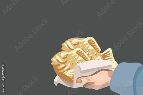 An illustration of Korean cuisine called plain Bunjeoppang. Street Korean food in the form of fish in the form of. Pies in the hands. Suitable for printing on textiles and paper. Illustrative banner