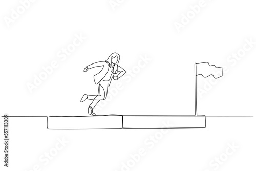 Cartoon of businesswoman run on progress bar to achieve success flag concept of progress. One line art style