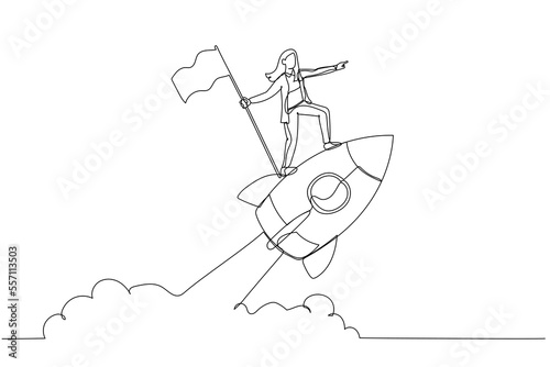 Cartoon of businesswoman holding number one flag standing on flying rocket. One continuous line art style