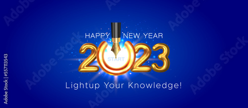 Happy New Year 2023. Wishing card poster banner design. Creative Concept of Education institute, wisdom, media and publication center.