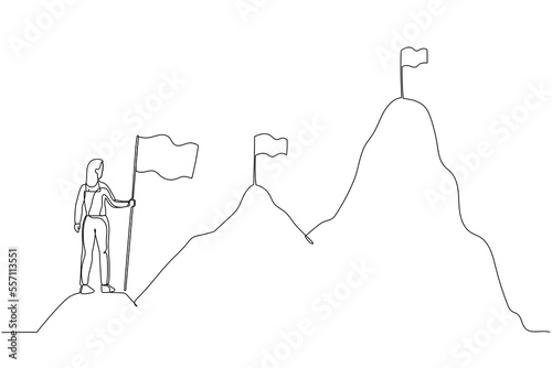 Cartoon of businesswoman climbing up mountains concept of business development. One line art style