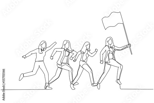 Illustration of businesswoman hold flag and lead the way. Single line art style