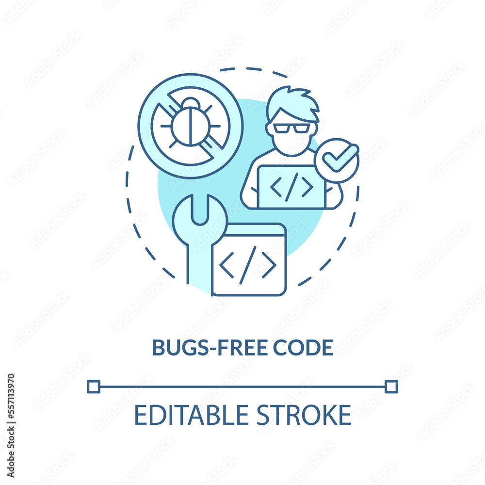 Bugs-free code turquoise concept icon. Functional programming benefit abstract idea thin line illustration. Performance. Isolated outline drawing. Editable stroke. Arial, Myriad Pro-Bold fonts used Bugs-free code turquoise concept icon. Functional programming benefit abstract idea thin line illustration. Performance. Isolated outline drawing. Editable stroke. Arial, Myriad Pro-Bold fonts used
