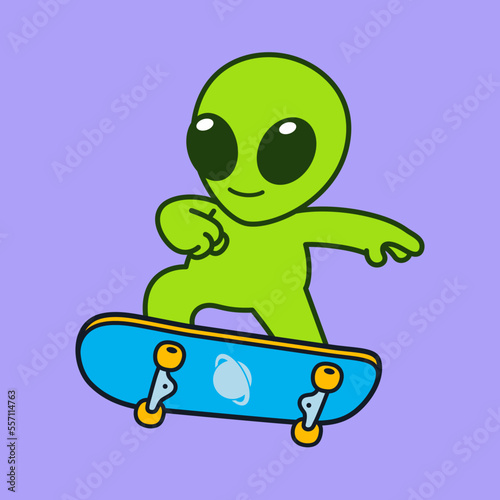 Cute Alien Skateboarding Illustration