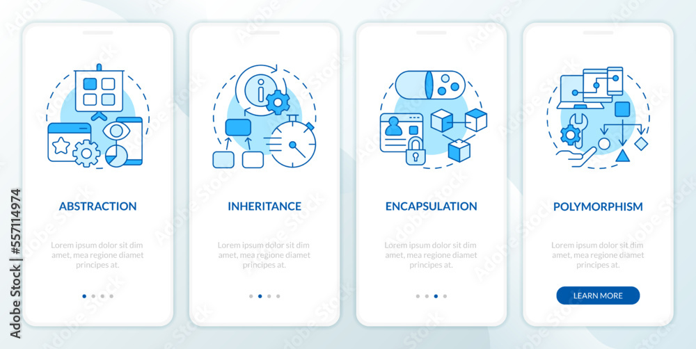 Object oriented programming pillars blue onboarding mobile app screen. Walkthrough 4 steps editable graphic instructions with linear concepts. UI, UX, GUI template. Myriad Pro-Bold, Regular fonts used
