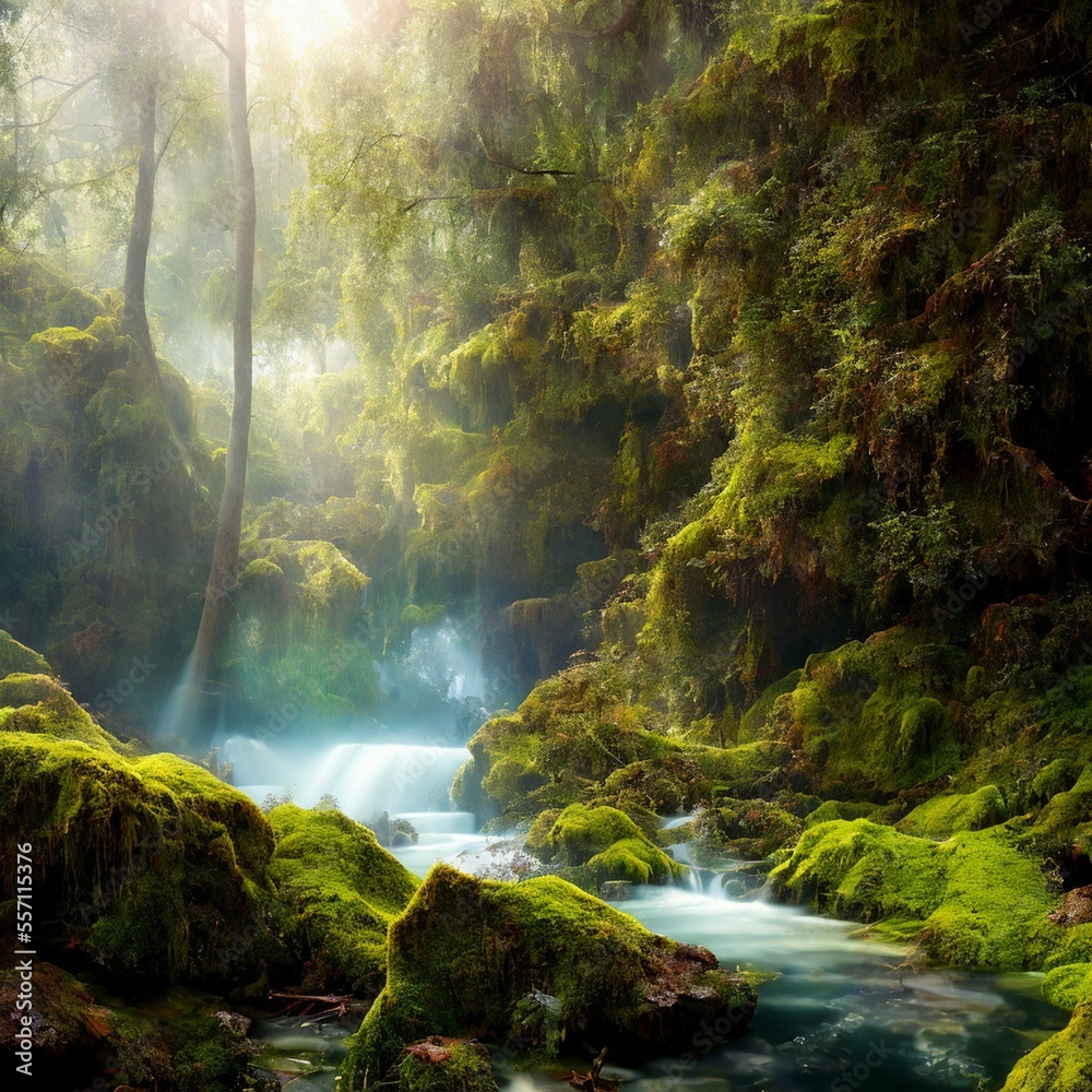 A computer generated image of an idyllic rainforest. A magnificent landscape digital painting with bright and colorful flora and crystal blue water, ai A computer generated image of an idyllic rainforest. A magnificent landscape digital painting with bright and colorful flora and crystal blue water, ai