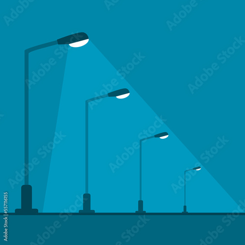 Electric streetlight lamp pole illumination at night time on roadside on dark blue background flat icon vector design.