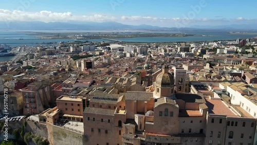 Establishing shot of port city, aerial shot photo