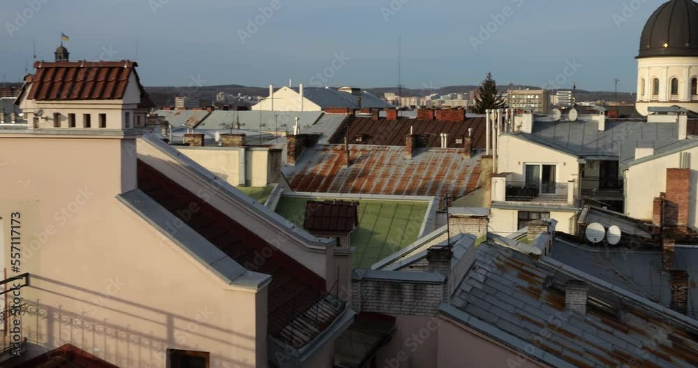 Architecture of an old European city. Shooting tiled roofs and chimneys. Architecture of an old European city. Shooting tiled roofs and chimneys.