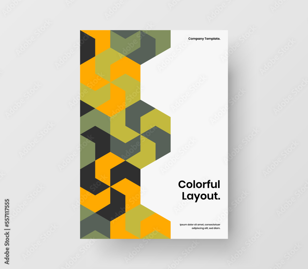 Colorful postcard A4 vector design illustration. Vivid mosaic shapes handbill layout.