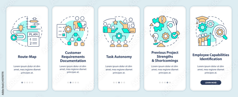 Project planning benefits onboarding mobile app screen. Business walkthrough 5 steps editable graphic instructions with linear concepts. UI, UX, GUI template. Myriad Pro-Bold, Regular fonts used