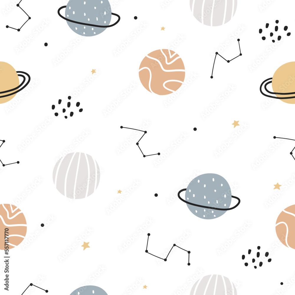 Hand drawn space seamless pattern. Funny colorful planets on a white background. Nursery design of fabric, packaging, labels. Cartoon space. Doodle style.