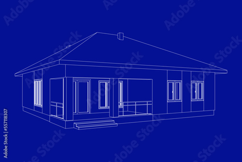 3D suburban house model. Drawing of the modern building. Cottage project on blue background. Interesting vector blueprint.