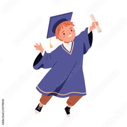 Kid graduating from elementary school. Cute happy boy child student in graduation hat and gown with diploma, certificate. Schoolkid in master cap. Flat vector illustration isolated on white background