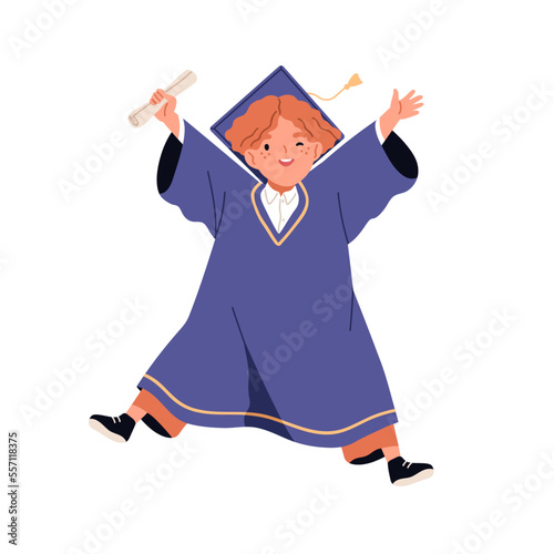 Kid in graduation gown. Cute little child graduating from elementary school. ...