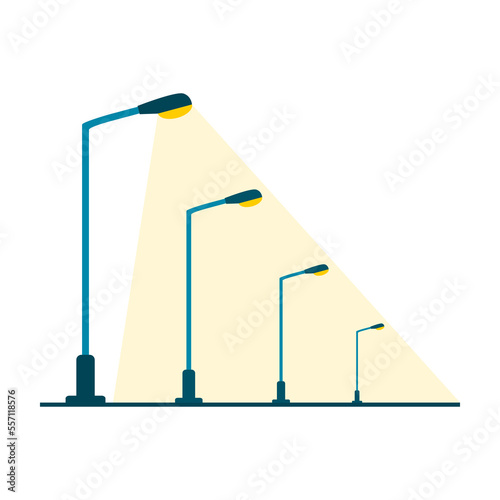 Electric streetlight lamp pole illumination at night time on roadside on white background flat icon vector design.