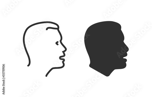 Face profile silhouette man side vector icon or thin line outline art linear human male person head shape black white clipart pictogram graphic illustration, young guy boy simple stroke portrait image