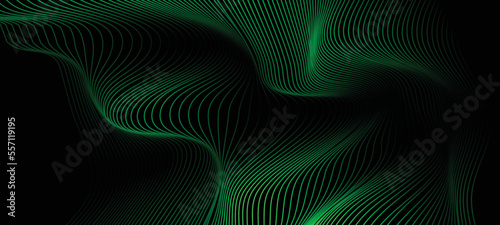 Abstract dotted wave line particles of dark green design element on dark black background. Modern technology futuristic concept. Vector illustration