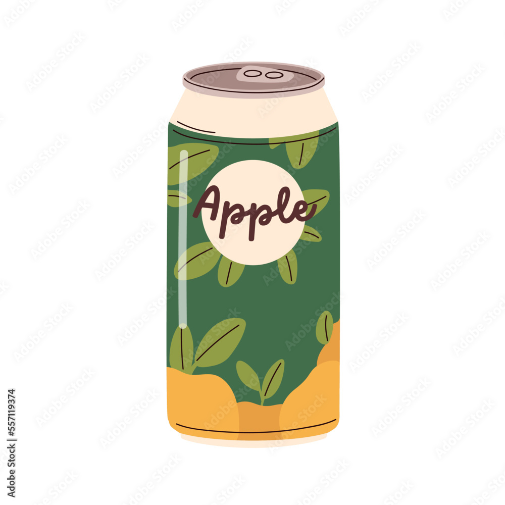 Cold drink, flavored lemonade in can. Fizzy apple beverage, summer fruit soda, cocktail in aluminum tin. Sweet infused water in metal steel jar. Flat vector illustration isolated on white background Cold drink, flavored lemonade in can. Fizzy apple beverage, summer fruit soda, cocktail in aluminum tin. Sweet infused water in metal steel jar. Flat vector illustration isolated on white background