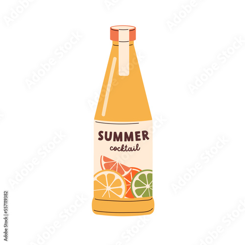 Cold summer cocktail in glass bottle. Fresh orange lemonade, citrus soda, jui...