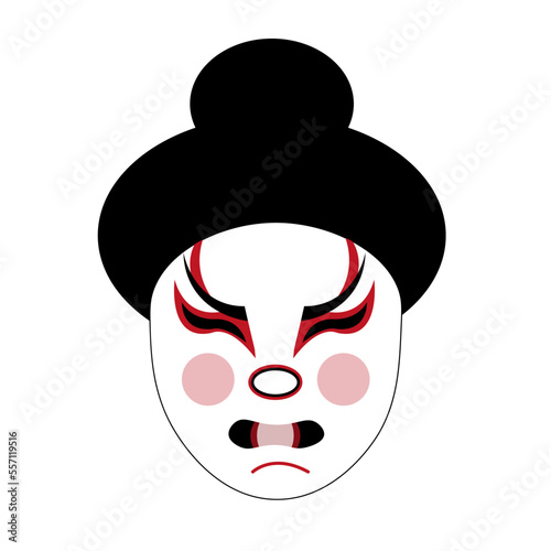 A performer's mask in a traditional Japanese kabuki theater. A character with a complex symbolic makeup. Folk art of Japan. Opening of the theater season concept. Website banner about oriental art.