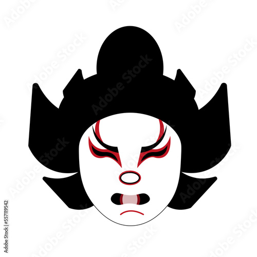 A performer's mask in a traditional Japanese kabuki theater. A character with a complex symbolic makeup. Folk art of Japan. Opening of the theater season concept. Website banner about oriental art.